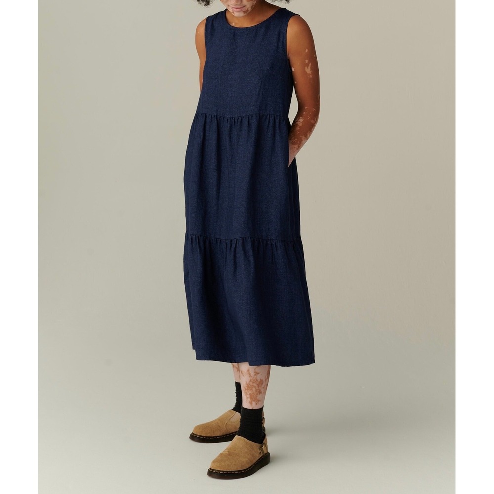 LINENFOX Amalie Midi Dress Women Small Medium Blue Tiered Sleeveless Linen Wool